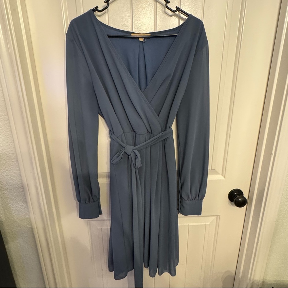 Pink Blush Ricarica Dusty Blue Long Sleeve Dress w Sash Tie & Button Detail